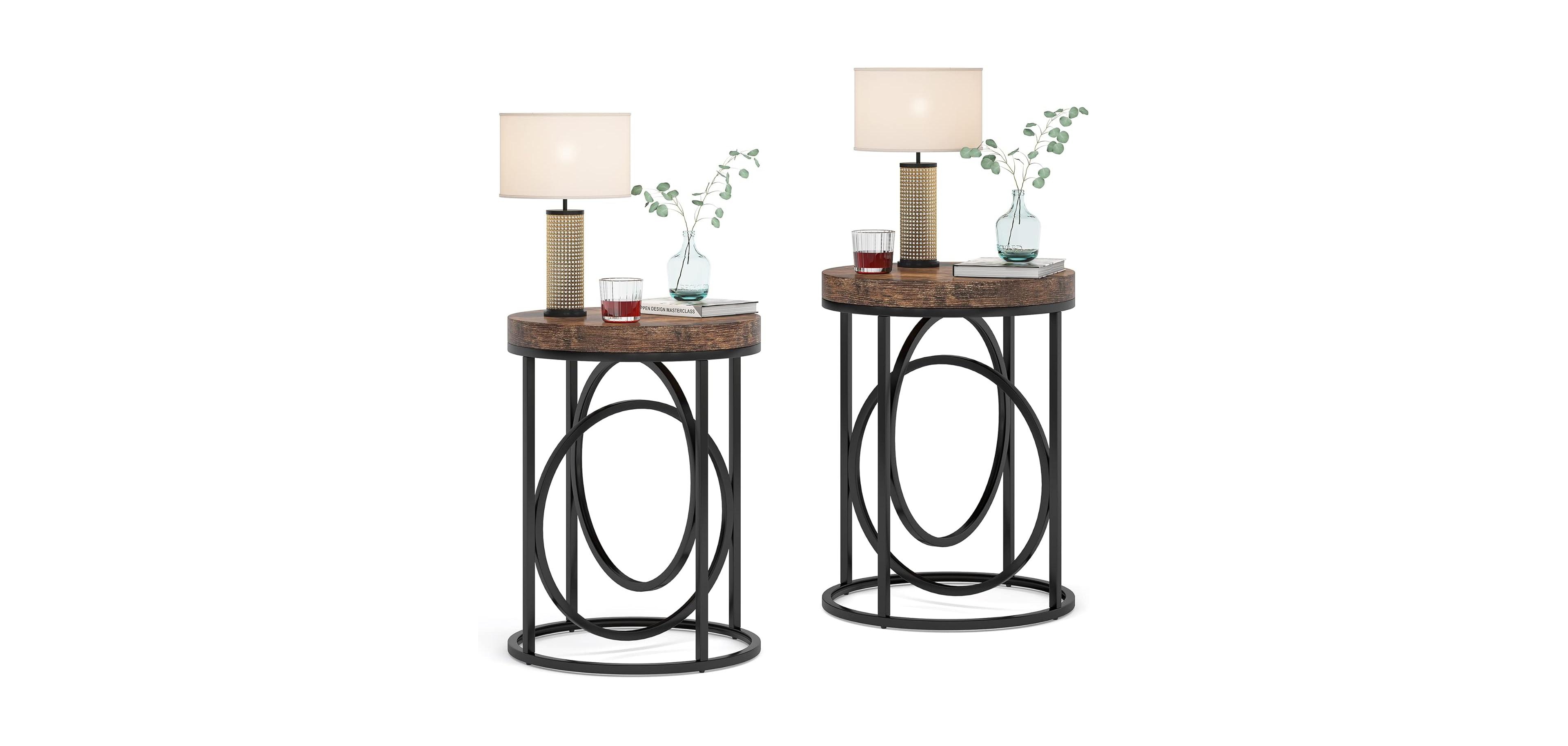 Tribesigns Modern Round End Table Set of Two with Thick Wood Top, 20”Sofa Side Table Coffee Table with Unique Black O-Shaped Base, Midcentury A