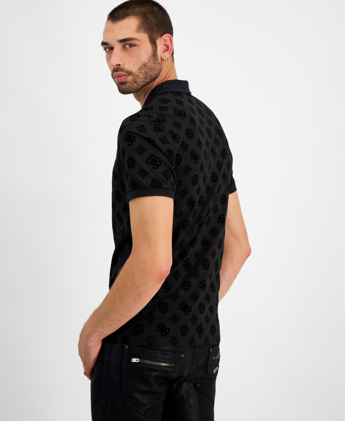 Guess Men's Relaxed-Fit Flocked Peony Logo Polo Shirt - Jet Black A996