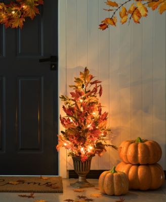 36"H Fall Lighted Maple Leaves Urn Potted Porch Tree, 20 Warm Lights with Timer