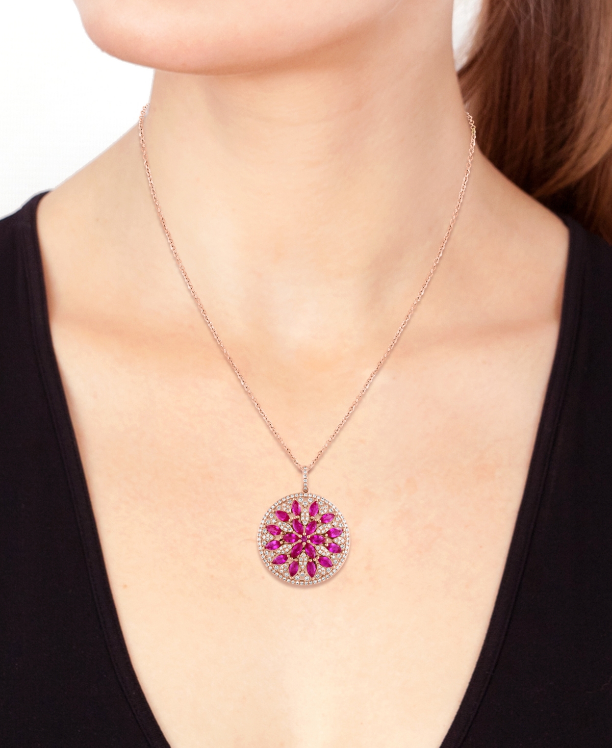 Effy Collection Effy Ruby (2-3/4 Ct. T.w.) & Diamond (5/8 Ct. T.w.) Mandala 18" Pendant Necklace In 14k Rose Gold In Pink