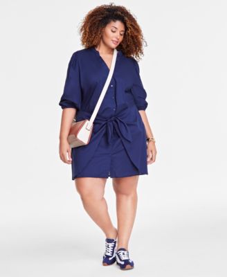 On 34th - Trendy Plus Cotton Tie-Front 3/4-Sleeve Shirtdress