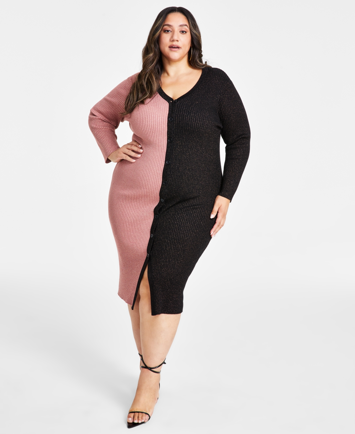 NINA PARKER TRENDY PLUS SIZE RIBBED BUTTON-FRONT DRESS 