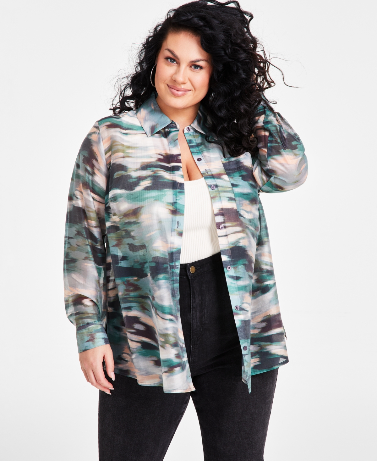 Trendy Plus Size Organza Button-Front Shirt - Tie Dye Camo