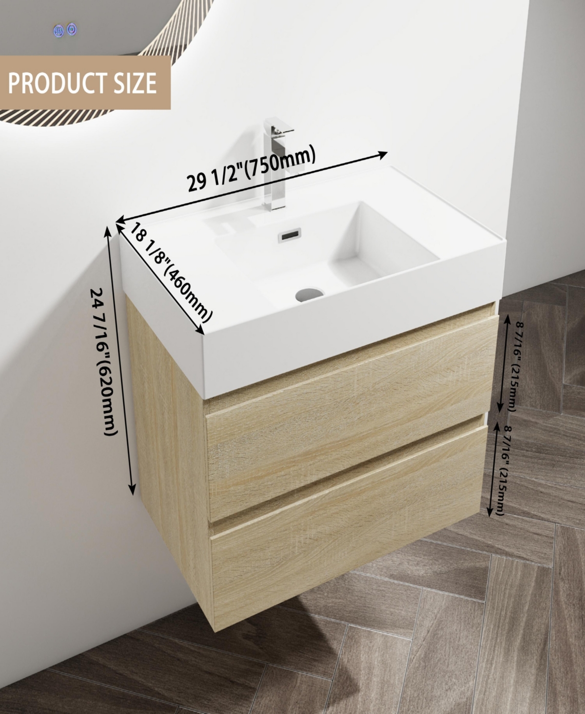 Simplie Fun 30" Wall-Mounted Bathroom Vanity With Resin Sink, 2-Soft Close Drawers, Kd-Package