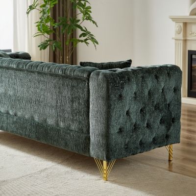82-Inch Chenille Pull Buckle Design Sofa for Living Room, Buttons Tufted With Copper Nail Decoration Armrest, Modern Couch Upholstered Button And Metal Legs