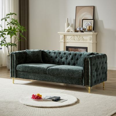 82-Inch Chenille Pull Buckle Design Sofa for Living Room, Buttons Tufted With Copper Nail Decoration Armrest, Modern Couch Upholstered Button And Metal Legs