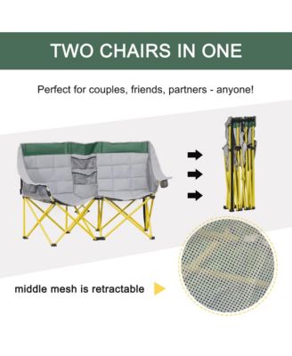 Loveseat Style Camping Chair, Oversized Folding Lawn Chair with Carry Bag & Cup Holders, for Outdoor, Beach, Picnic, Hiking, Travel, Green & Gray