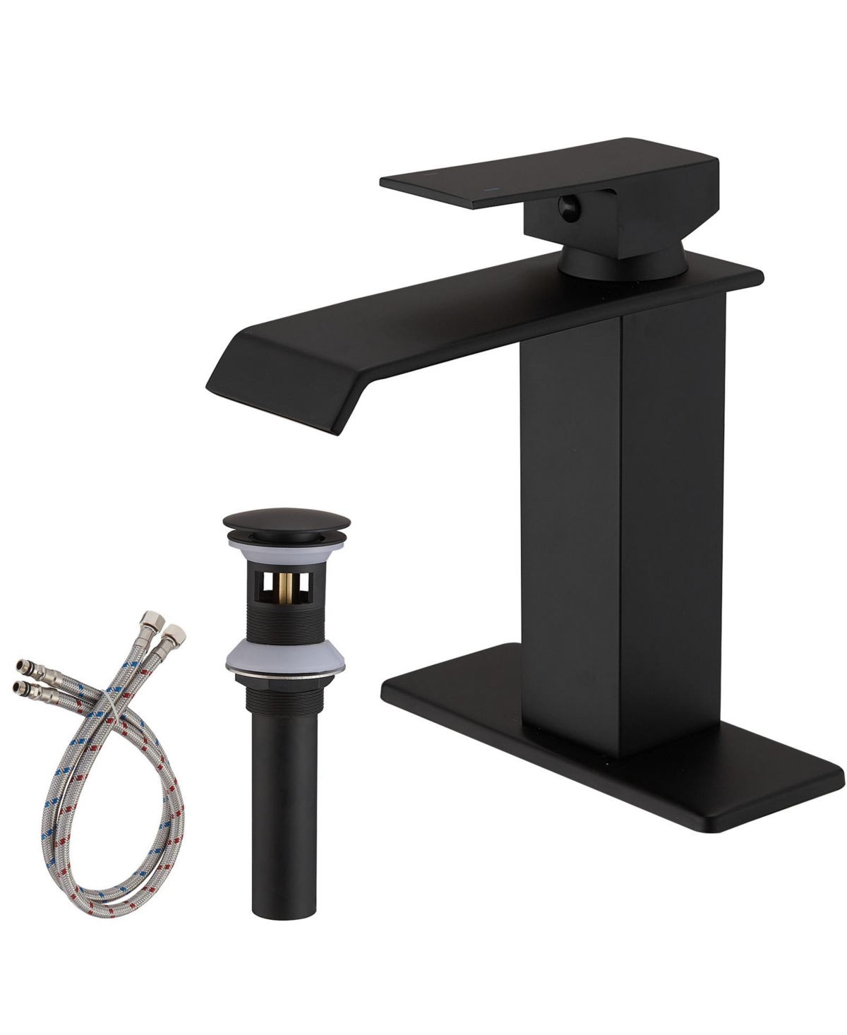 Waterfall Single Hole Single-Handle Low-Arc Bathroom Faucet With Pop-up Drain Assembly in Matte Black - Matte black
