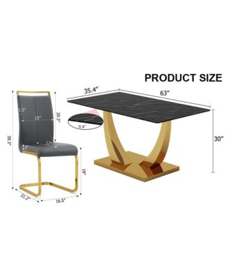 Table and chair set.Modern rectangular dining table with black textured stickers glass tabletop and gold plated metal legs.Paired with 6 comfortable chairs with PU seats and golden metal legs.
