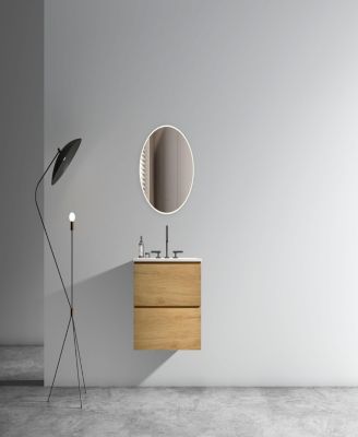  24" Oak Bathroom Vanity Wall Mount, Ceramic Sink, Storage