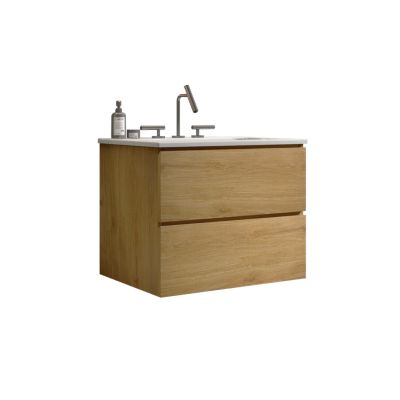  24" Oak Bathroom Vanity Wall Mount, Ceramic Sink, Storage