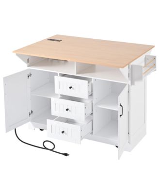 CARB-Certified MDF Drop Leaf, Power Outlet, 3 Drawers, 2 Cabinets, Waterproof Finish Multifunctional Kitchen Island