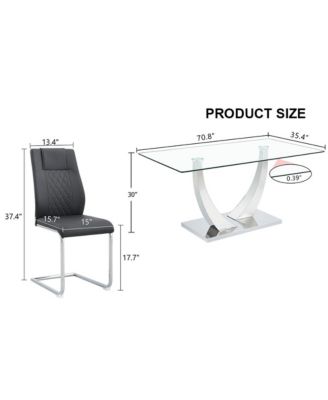 Table and chair set.Contemporary, minimalist rectangular dining table featuring a clear tempered glass top and sleek silver legs. Paired with chairs made of PU material cushion and silver metal legs.