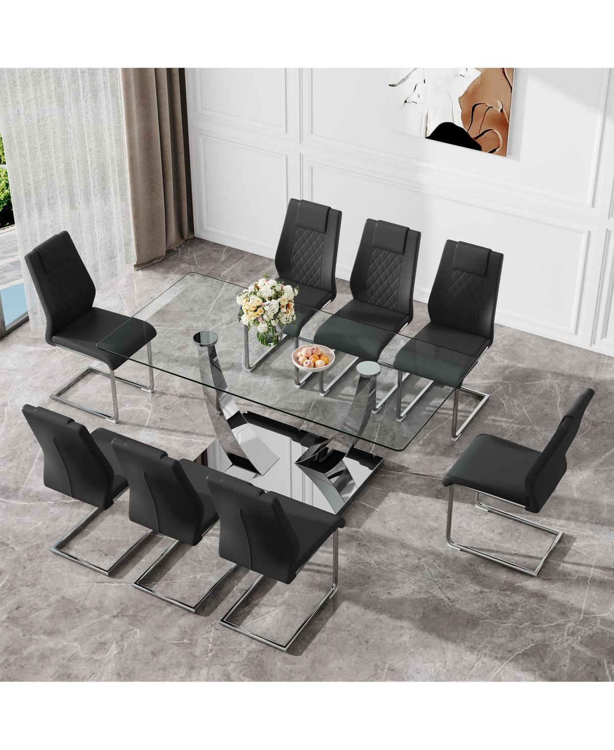 Streamdale Furniture Table and chair set.Contemporary, minimalist rectangular dining table featuring a clear tempered glass top and sleek silver legs
