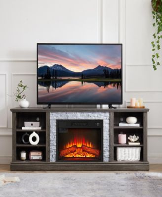 Large TV Desk Storage Rack with Faux Stacked Stone Surround, Media Console Table with Large Storage Cabinet, Modern TV Stand with 23" Fireplace Insert, GREY, 70.12" W15.35" D25.83" H