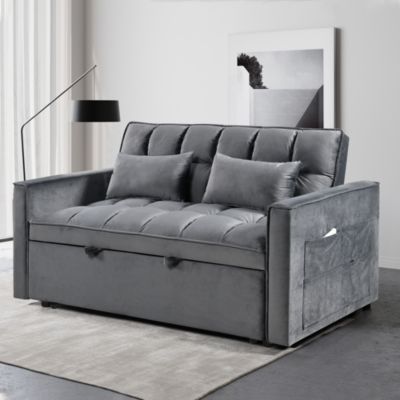 Modern flannel double sofa with folding bed, small double sofa with three in one convertible sofa bed, adjustable backrest and storage space, including pillows, perfect for living room or bedroom