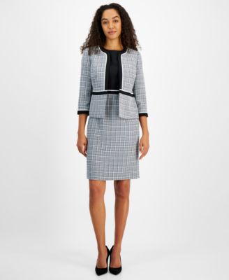 Womens Open Front Piped Trim Tweed Jacket Sleeveless Sheath Dress