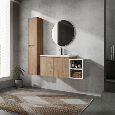 2-Pc Plywood Wall-Mount Vanity with Resin Sink, Soft-Close Doors & Side Cabinet