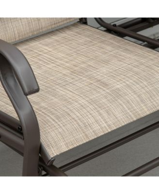 Outdoor Glider Bench with Center Table, Metal Frame Patio Loveseat with Breathable Mesh Fabric and Armrests for Backyard Garden Porch, Brown