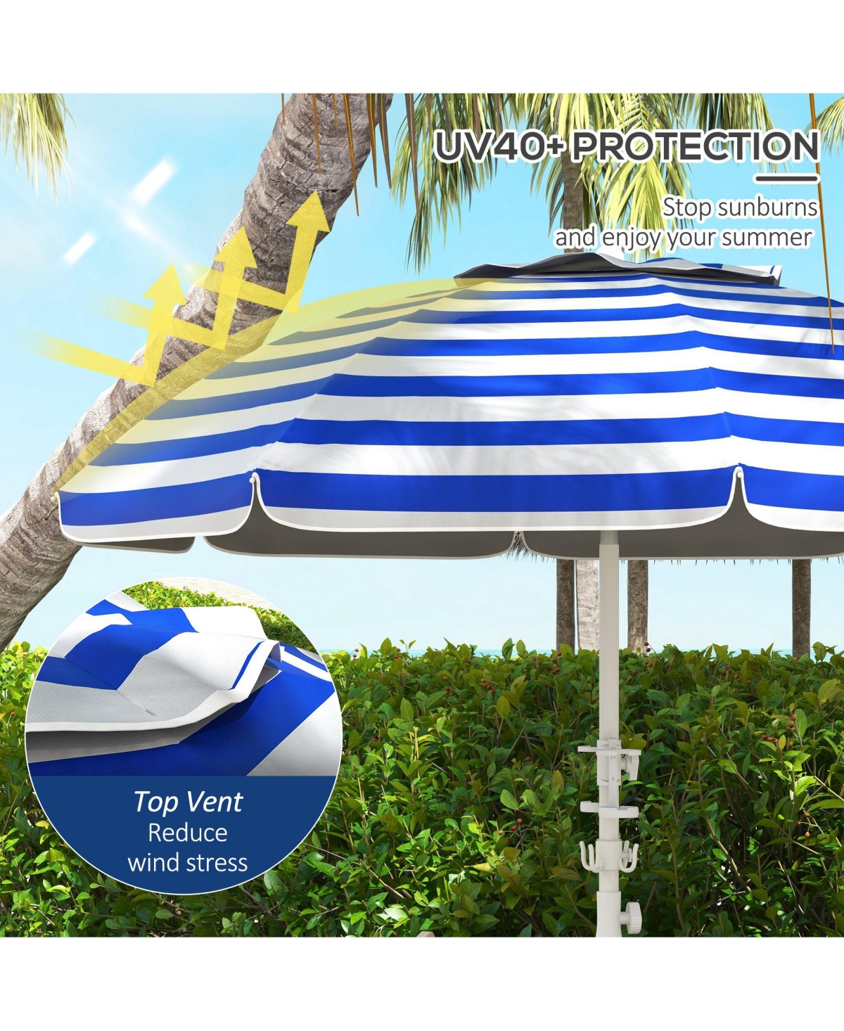 Streamdale Furniture 5.7' Portable Beach Umbrella with Tilt, Adjustable Height, 2 Cup Holders & Hooks, Uv 40+ Ruffled Outdoor Umbrella with Vented Can