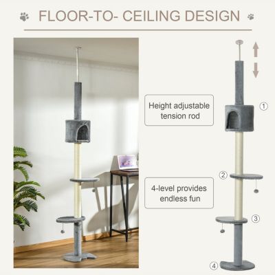 85.5" Cat Tree Height Adjustable Floor-to-Ceiling 4-Tier Kitty Climbing Activity Center Condo Cat Toy with Scratching Post Hanging Balls Play Rest Post Pet Furniture Grey