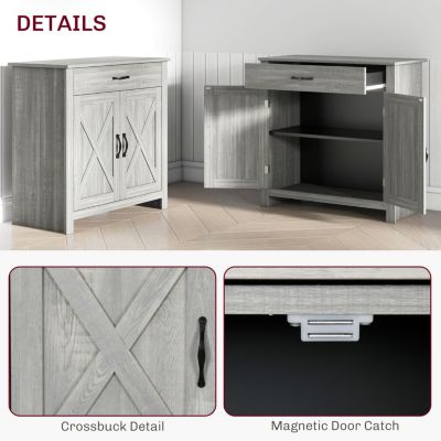 Farmhouse Sideboard Buffet Cabinet, Barn Door Coffee Bar Cabinet with Drawer and Adjustable Shelf, Kitchen Cabinet for Living Room, Entryway, Stone Gray
