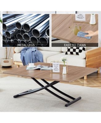 Modern minimalist multifunctional lifting table, 0.8-inch wood grain craft sticker desktop, black metal legs. 4 upholstered dining chairs with black metal legs. LT-10055 B0502