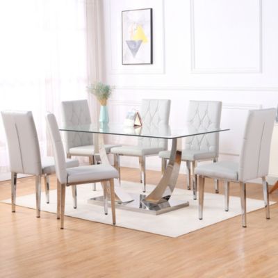 Table and chair set, modern dining table, tempered glass tabletop and silver-colored leg table, soft and comfortable dining chair, perfect for dinner, meetings, home and office decor