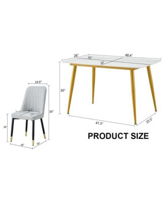 Table and chair set.A morden table with White imitation marble patterned stone burning tabletop with golden metal legs.Paired with 4 chairs with PU leather backrest and black metal legs.