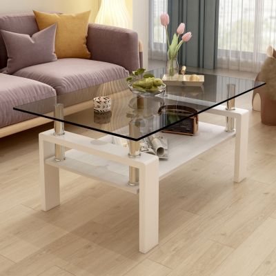 Rectangle Coffee Table, Tempered Glass Tabletop with MDF Layer, Modern Table for Living Room, Gray Glass