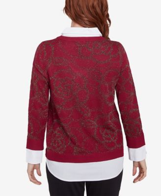 Petite Metallic Floral Layered Shirt Collar V-Neck Sweater