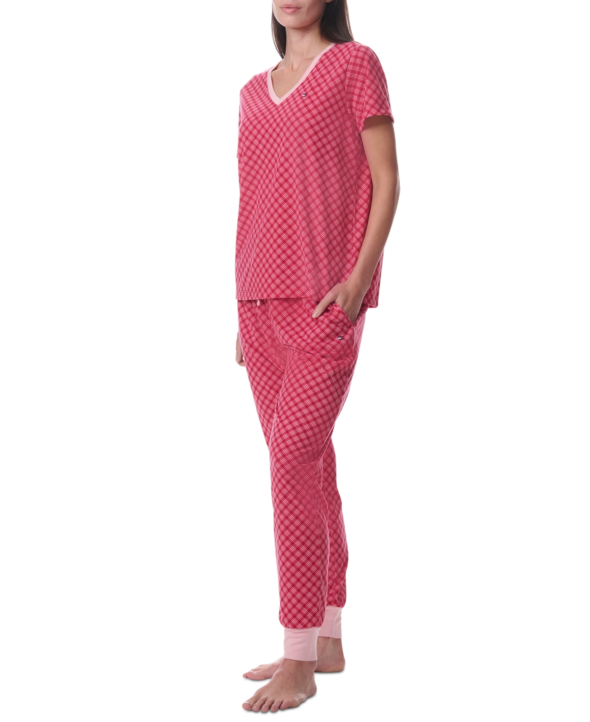 Tommy Hilfiger Women's Printed Short-sleeve Tee & Jogger Set In Vday Plaid Tango Red