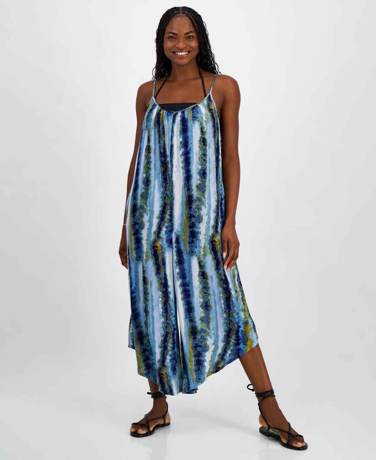 Women's Scoop-Neck Swim Cover-Up Jumpsuit - Blue Multi/gold