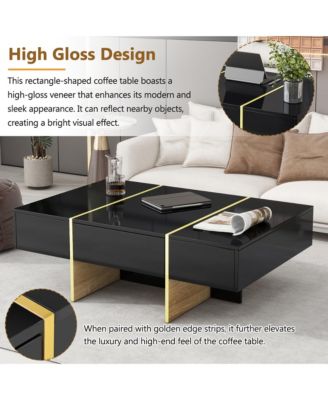 47" Glossy Coffee Table with Drawers, Golden Legs, Black