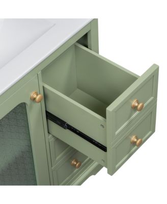 30-inch bathroom vanity with a soft close glass door, adjustable shelves, and three drawers