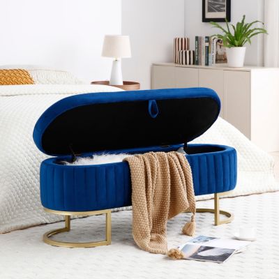 Storage Bench Bedroom Bench, Velvet Oval Upholstered End of Bed Bench with Golden Metal Legs,50" Modern Storage Ottoman Bench for Bedroom, Living Room, Entryway, Window, Blue