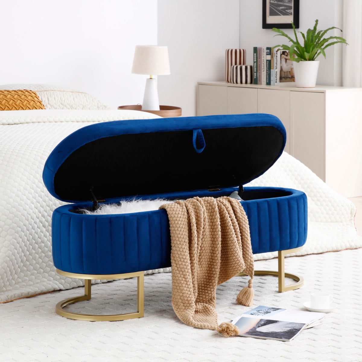Streamdale Furniture Storage Bench Bedroom Bench, Velvet Oval Upholstered End of Bed Bench with Golden Metal Legs,50" Modern Storage Ottoman Bench for