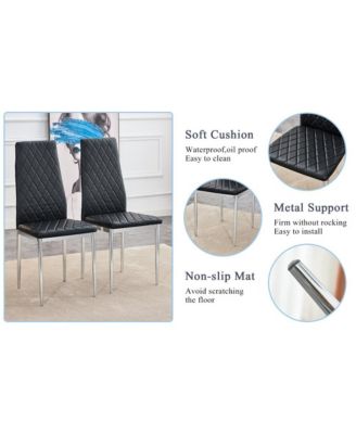 Table and chair set.A rectangular dining table features with tempered glass top and sleek black MDF stand.Paired with 4 PU chairs with checkered armless high back and electroplated metal legs.