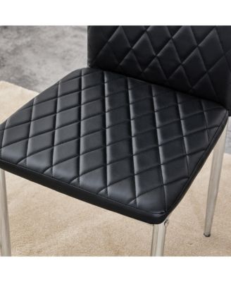 Table and chair set.A rectangular dining table features with tempered glass top and sleek black MDF stand.Paired with 4 PU chairs with checkered armless high back and electroplated metal legs.