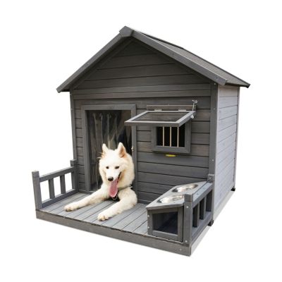 Streamdale Spacious Solid Wood Dog House with Terrace & Bowl