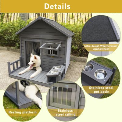Streamdale Spacious Solid Wood Dog House with Terrace & Bowl