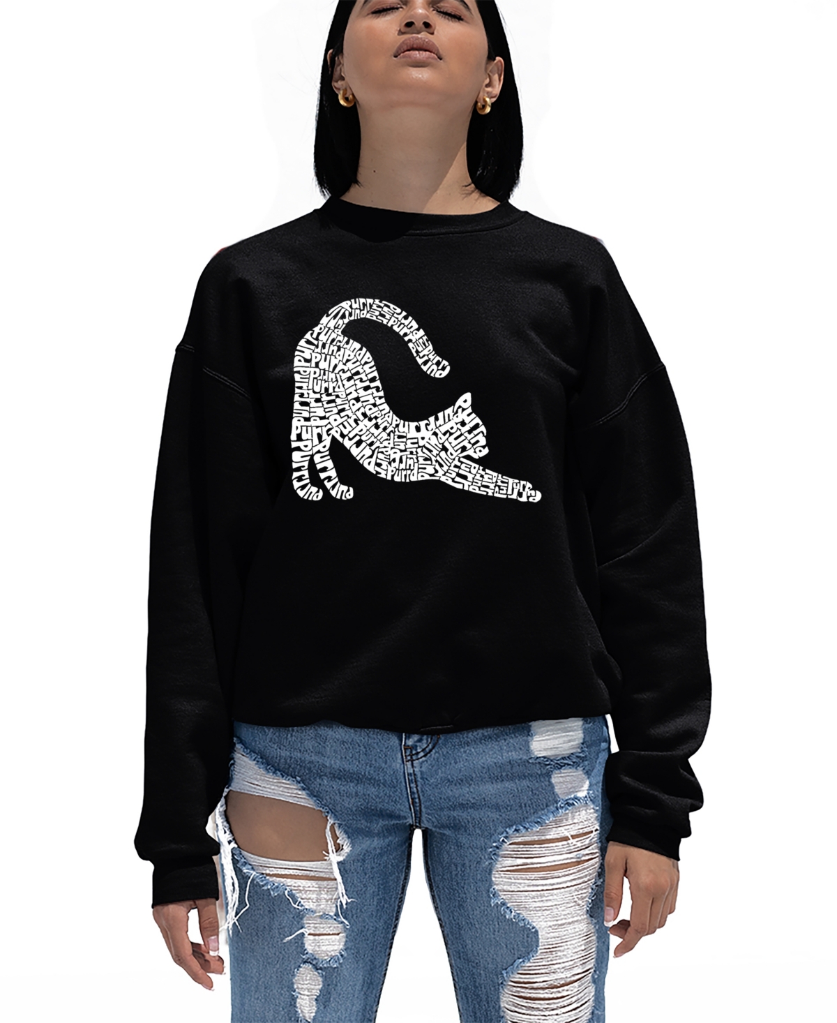 LA POP ART WOMEN'S STRETCHING CAT WORD ART CREWNECK SWEATSHIRT 