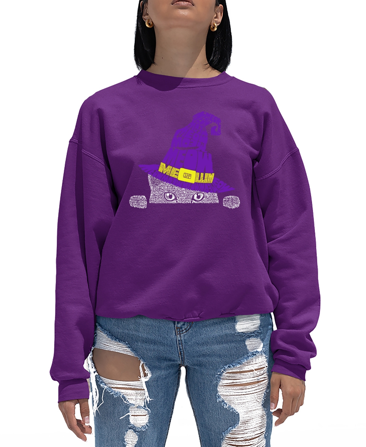 LA POP ART WOMEN'S PEEKING WITCH CAT WORD ART CREWNECK SWEATSHIRT 