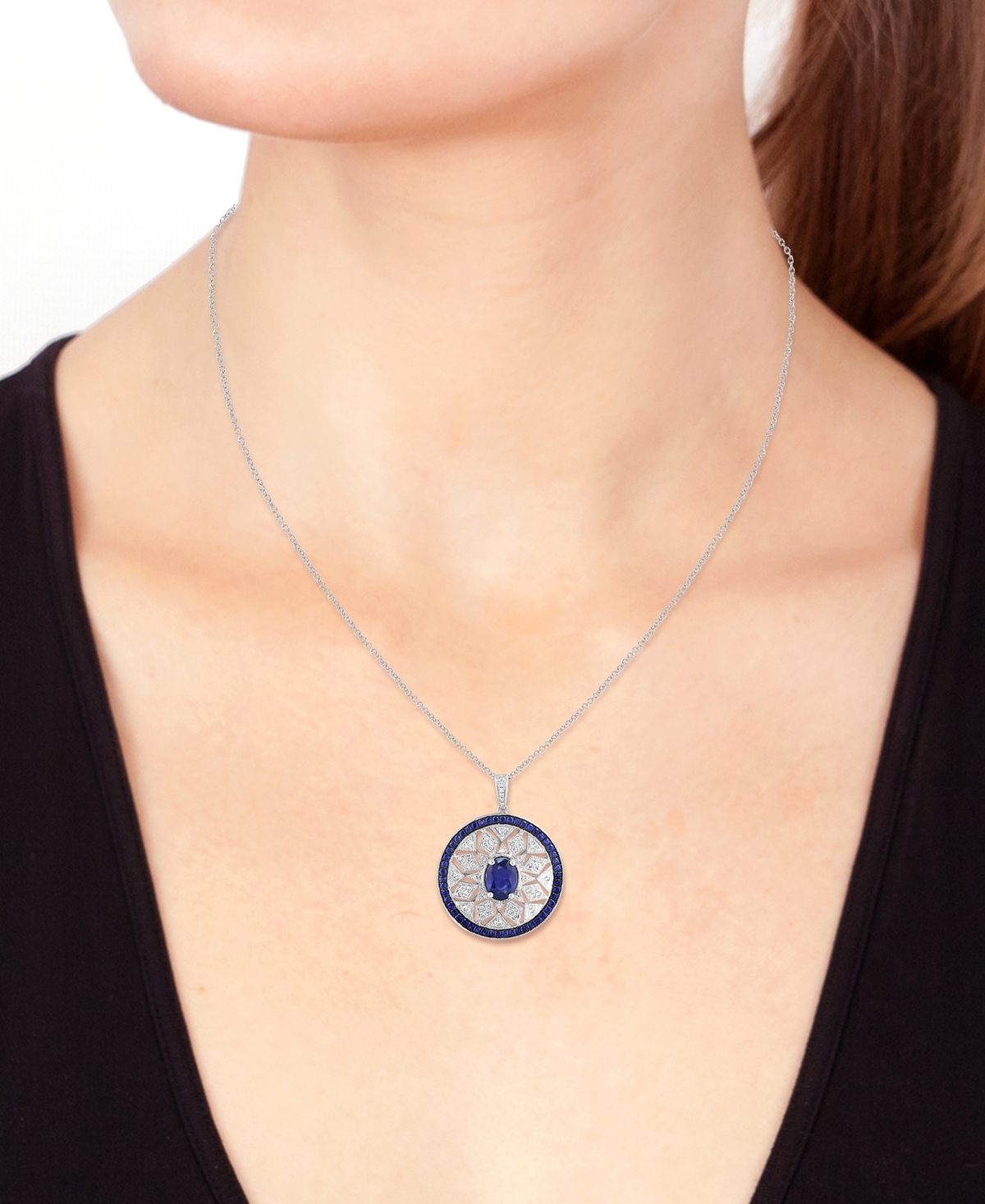 Effy Collection Effy Sapphire (1-7/8 Ct. T.w.) & Diamond (1/3 Ct. T.w.) Mandala Openwork 18" Pendant Necklace In Ste In Sapphire