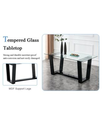 Table and chair set.A rectangular dining table features with tempered glass top and sleek black MDF stand.Paired with 4 PU chairs with checkered armless high back and electroplated metal legs.