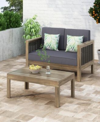 Outdoor Acacia Wood And Wicker Loveseat And Coffee Table Set With Cushions, Gray + Mixed Gray + Dark Gray