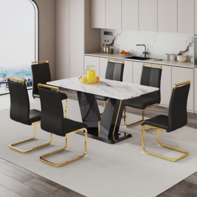 Table and chair set, white imitation marble texture glass tabletop, black MDF table legs, stable and beautiful. Modern simple dining table, comfortable seating.