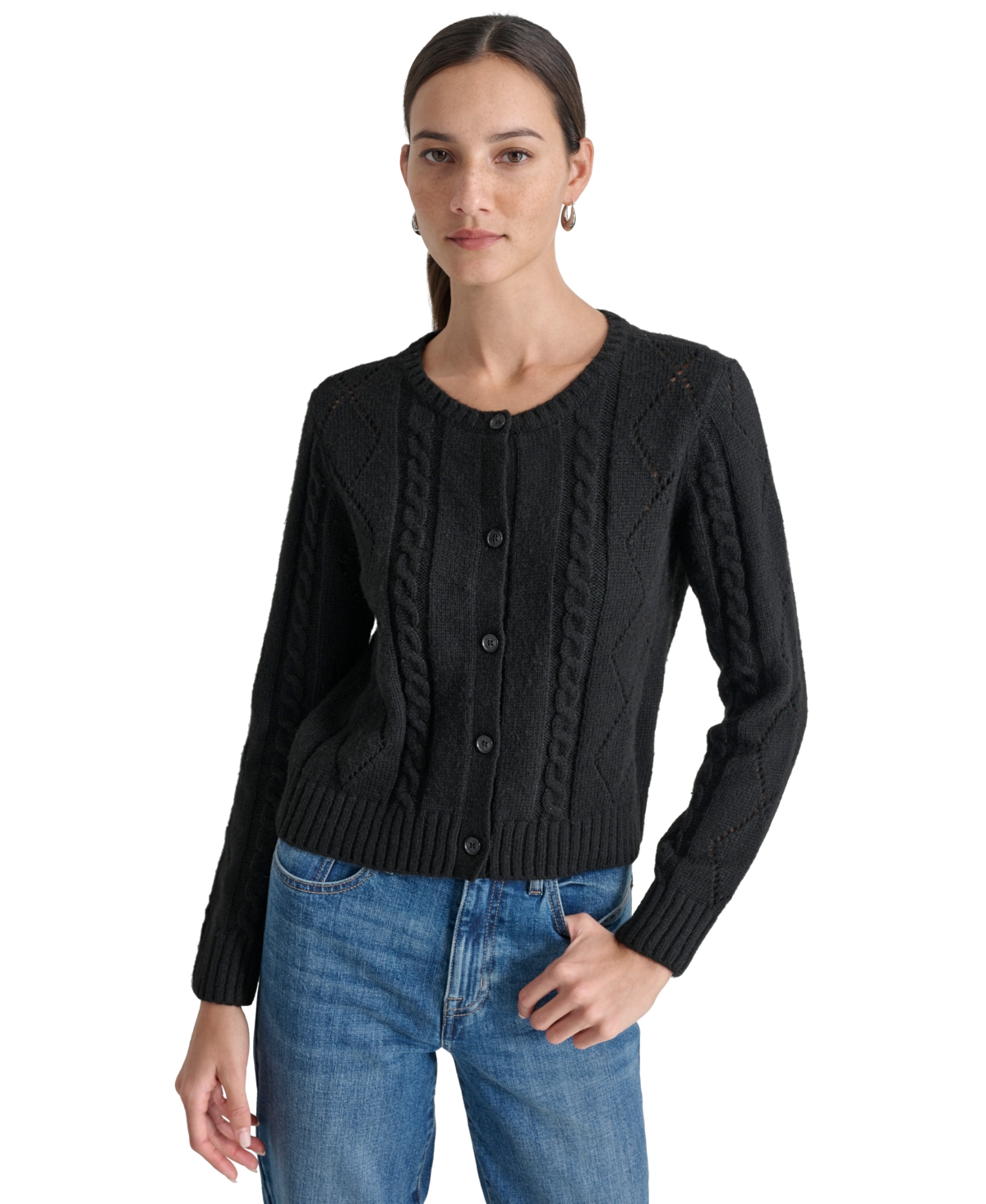 Dkny Jeans Women's Diamond Pointelle Long-Sleeve Cardigan -ANTIQUE BLACK