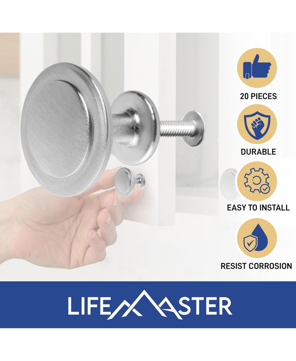 Lifemaster 20pcs 1-1/4 inch Brushed Nickel Cabinet Knobs - Rust-Proof Finish, Modern Design, Strong Zinc Alloy, Complete with Short and Adjustable Scr