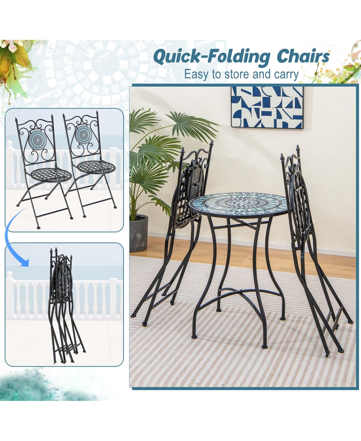 Costway Set of 2 Mosaic Chairs for Patio with Decorative Backrest Heavy-Duty Frame